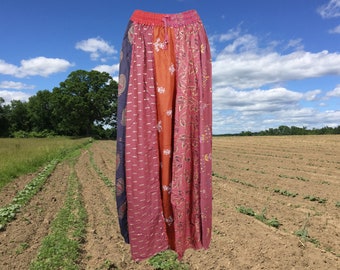 Womens Maxi Skirt, Pink Summer Skirt, Gujarati Patchwork Handmade Vintage Boho Chic Long Skirts S/M/L