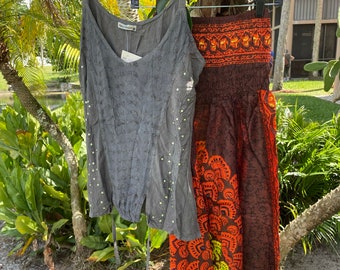 Women Tank Top, Gray Strap Top With Mandala Print Baggy Pant,  2PC Boho Fashion S/M