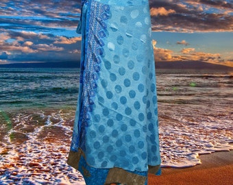 Womens Sari Wrap Skirt, Blue Wrap Around Long Wrap Sari Skirt, Indian Vintage Silk Sari Wrap Skirt, Boho Reversible Skirt, One size