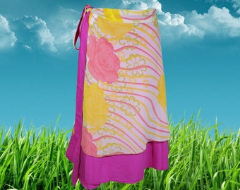 Womens Wrap Skirt, Pink White Floral Sari Skirt, Beach Skirt, Reversible 2 Layer Skirts, Handmade Wrap Skirts, Gift One Size