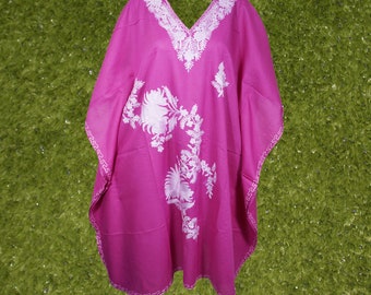 Women's Kaftan Midi Dress, Electric Pink Boho Dress, Beach holidays, Lounger, Cotton Embroidered Lounger Caftans, Plus size L-4XL One Size