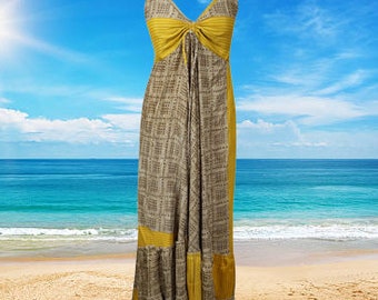 Womens Summer Maxi Dress, Halter Dresses, Yellow Strap Dress, Recycle Sari Handmade Dresses, Summer Swing Boho Beach Maxi Dress, S/M