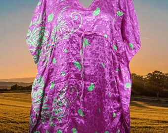 Women Boho Kaftan, Pink, Green Floral Caftan, Housedress, Beach Coverup, Summer Short Caftan, Expecting Moms, Resort, Cruise Caftan L-2X