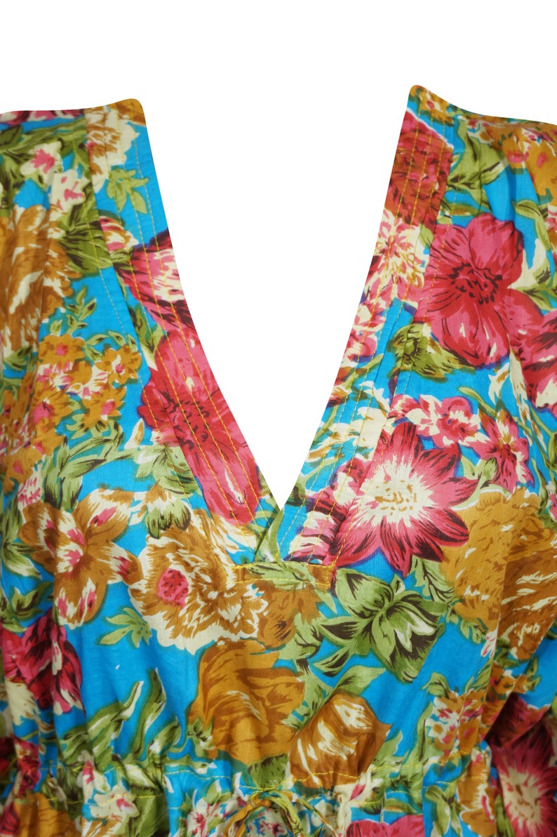Kaftan Dresses One size L-3XL Blue Gold Floral Kaftan Womens Tunic Caftan Dress Resort Wear Cotton Beach Cover Up
