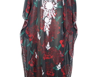 Womens Caftan Maxi Dress, Black Red Embroidered Printed kaftan Dress, Beach Summer Holiday Dresses ONESIZE L/4X