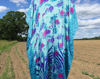 Boho Beach Kaftan, Blue, Pink Rose Caftan, Silk Kaftan, Housedress, Beach Coverup, Summer Boho Caftan, Resort, Cruise Caftan L-2X