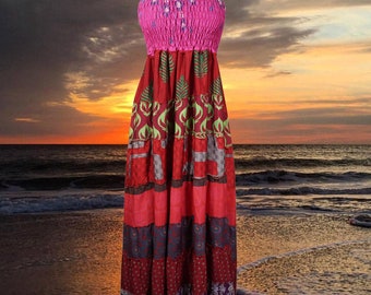 Bohemian Maxi Dress, Boho Fashion, Spaghetti Strap Fuscia Pink Printed Handmade Dress, Empire Waist Beach Sundress S/M