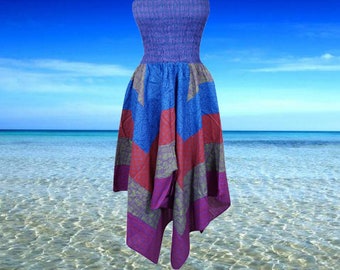 Womens Hi Low Skirt Dress, Blue Cotton Patchwork Summer Dress, Hippie Sundress, Flare Cotton Beach Tube Dresses S/M