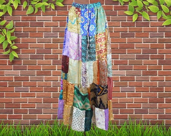 Womens Maxi Patchwork Skirt, Boho Upcycled Silk Handmade, Recycle Silk Cornfields Hippie Patchwork Skirts, Vintage Style, Long Skirt S/M/L