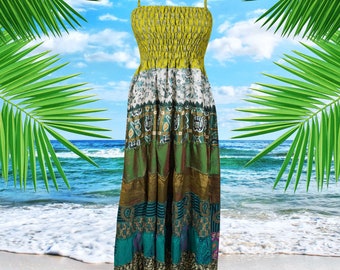 Womens Maxi Dress, Strap Dresses, Green Yellow Flared Sleeveless Dress, Summer Gorgeous Soft Recycle Sari Boho Beach Long Dresses SM