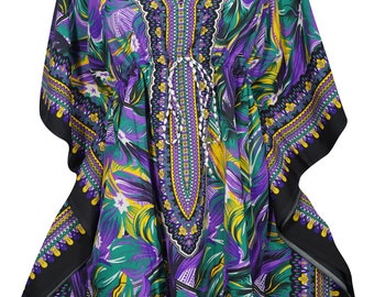 Purple Green Short Caftan Dress V-Neck Kimono Sleeves Printed Cover Up Summer Holiday Kaftan One Size