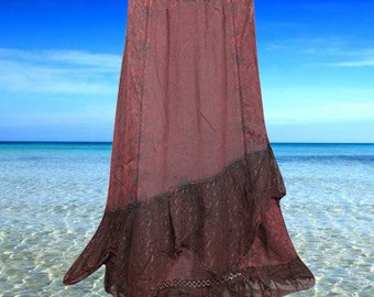 Rustic Stonewashed Maroon Skirt, Bohemian Ruffle Hem Skirts, Embroidered Skirt, Western, Medieval Midi Skirts M/L