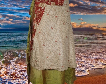 Womens Recycled Sari Wrap Skirt, Magic Wrap Skirt, Floral Double Layers Green Wrap Skirts, Travel Fashion, Gift, Handmade One size