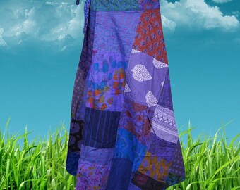 Womens Patchwork Wrap Around Short Cotton Skirt, Wrap Skirt, Summer Blue White Indian Magic Skirts One size
