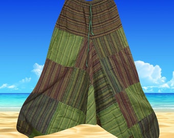 Unisex Hippie Renaissance Faire Green Stripe Pants, Hippy Cotton Pant, Boho Pants, Stonewashed Cotton Travel Pant S/M/L