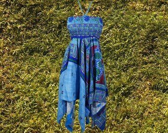 Womens Printed Blue Recycled Silk Dress, Boho Beach Dress, Halter Dresses, Summer Travel Dresses S/M