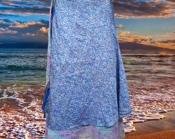 Womens Summer Wrap Skirt, Maxi Wrap, Blue Paisley Print Skirt, Beach Cover Up Silk Sari Magic Wrap Around Skirts One size