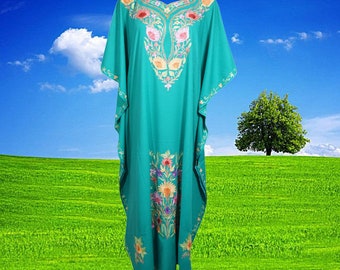 Womens Maxi Caftan Dress, Sea Blue Floral Hand Embellished Kaftan, Bohemian Cruise Kaftan Dress, Long dress, Gift One Size L-3XL