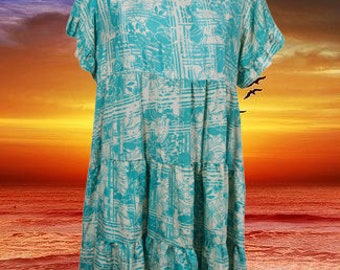 Summer Boho Dress, Sea Blue, Floral, Casual, Cocktail Dresses, Recycle Silk Dresses for women - Shift dresses, M