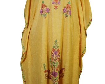 Beautiful Mustard Yellow Floral Embroidered Caftan Maxi Dress INDIAN STYLE Kimono Cover Up Kaftan Dresses 2XL