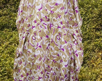 Womens Kaftan Midi Dress, Beige Purple  Printed, Recycled Sari Summer Resort Wear, Beach Caftan Dresses S/M/L