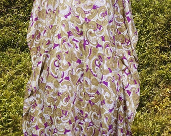 Womens Kaftan Midi Dress, Beige Purple  Printed, Recycled Sari Summer Resort Wear, Beach Caftan Dresses S/M/L