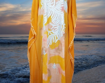 Women's Travel Caftan Maxi Dress, Orange Pink Tiedye Kaftan Dress, Floral Embroidered Summer Sheer Cruise Boho Maxi Dresses ONE SIZE L/4XL