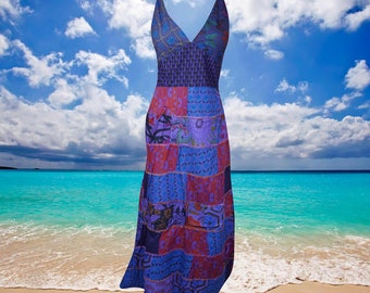 Womens Patchwork Maxidress, Deep V Strap Maxi Dress, Stunning Handmade Blue Printed Long Dresses, Bohemian Fashion S/M