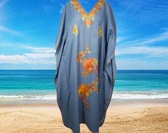 Womens Loose Kaftan Maxi Dresses, Cornflower Blue Luxury Cotton Hand Embroidered Caftan Dress, kaftan abaya long Dress L-2XL One Size