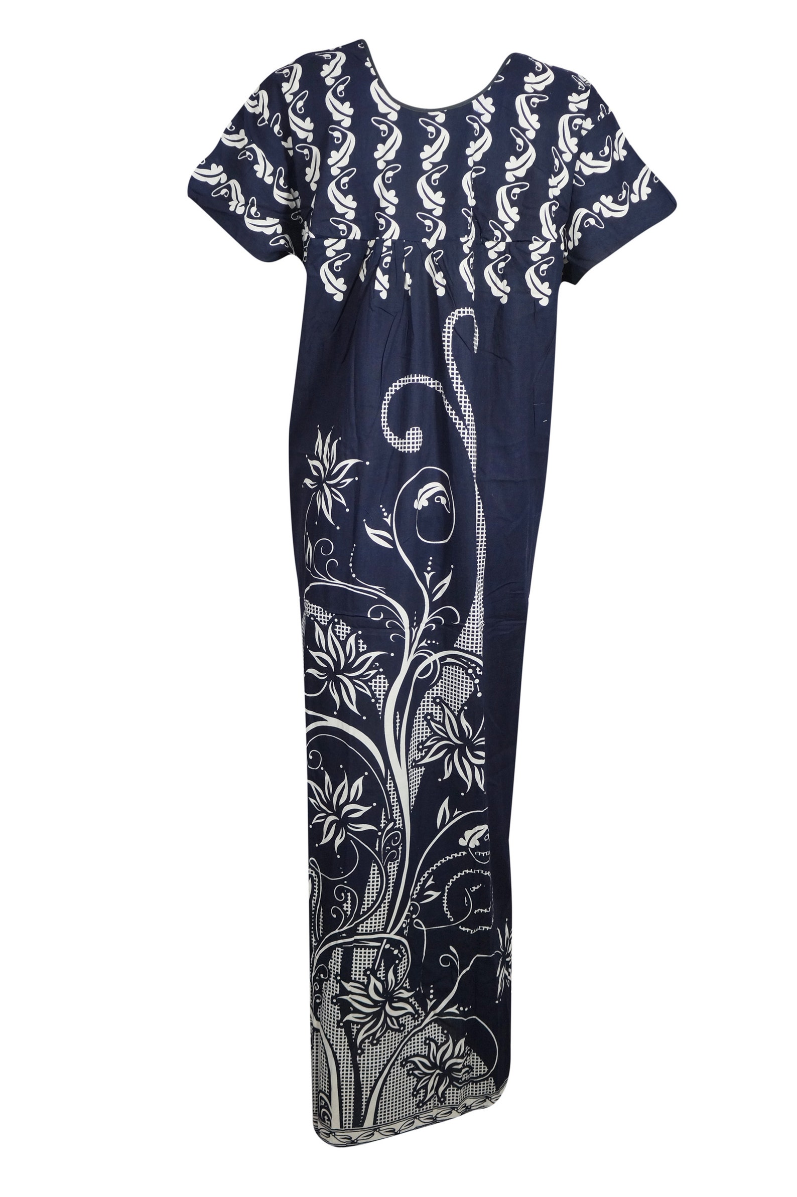 Womens Cotton Maxi Dress Kaftan navy Blue White Floral | Etsy