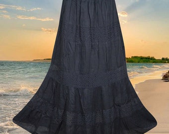 Womens Hippie Faire Skirt, Black Lace Work Handmade Maxi Skirt, Fall Boho Festive Elastic Waist, Skirt  , Handmade, Hippe, Midi Skirts S/M/L
