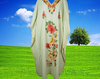 Womens Embroidered Maxi Caftan Dresses, Moroccan Kaftan Dress, Tea Green Handmade Cotton Caftan Dresses, Holiday Gift, L-2XL, One size