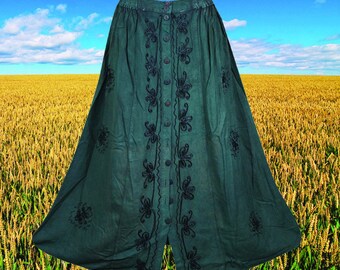 Blue Midi Skirt, Hand Embroidered with Buttons Skirts, Boho Maxi Skirt , Handmade, Hippe, Midi Skirts S/M/L