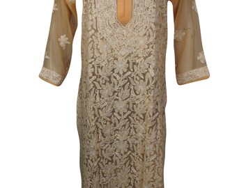 Beautiful PEACH Sheer Georgette Long Tunic Dress Beach Bikini Cover Up Summer Fashion Indian Ethnic Long Kaftan S/M