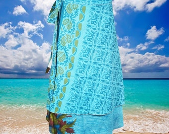 Womens Magic Wrap Skirt, Floral Double Layers Blue Wrap Skirts, Recycled Sari Wrap Skirt, Travel Fashion, Gift, Handmade One size