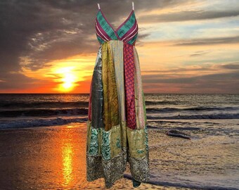 Womens Boho Hippy Beach Dress, Deep V Maxidress, Fall Maxi Dress, Colorful Euphoria Recycled Silk Maxi Dress S/M