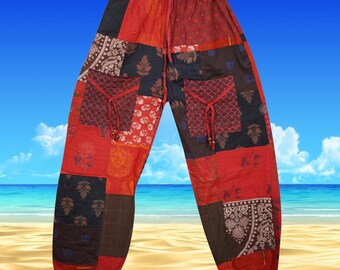 Patchwork Cotton Harem Pants, Red Gothic Patch Unisex Jogger Pants , Hippie Pants  Boho Pants Beach Stonewashed Cotton Travel Pant S/M/L