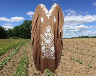 Women's Travel Caftan Maxi Dress, Brown Floral Embroidered Kaftan Dress, Cotton Cruise Boho Beach Dresses ONE SIZE M-XL