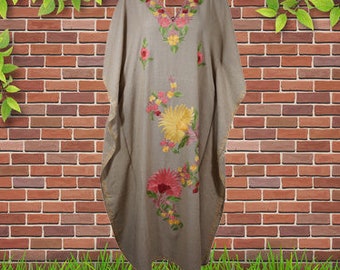 Maxi Kaftan Dress, One size dress, Holiday Caftan, V neck dress, Khaki Embroidered dress, Cocktail Party, Butterfly Sleeve Beach Maxi, L-2XL