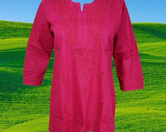 Indi Boho Style Peasant Blouse Top, Dark Pink Hand Embroidered Cotton Summer Bohemian Blouse Kurti Tunic Top M