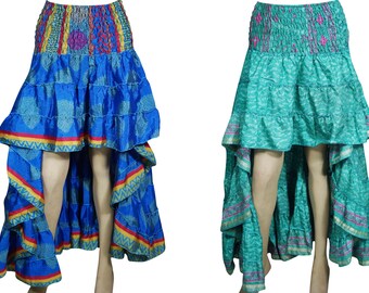 Boho Medley 2pc Hi Low Skirt Recycled Vintage Sari Gypsy Fashion Long Ruffle Flirty Flare Summer Skirts S/M