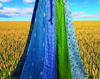 Womens Paneled Maxi Skirts, Blue Long Patch Fall Bohemian Skirts, Gift , Handmade, Autumn Maxiskirts S/M/L