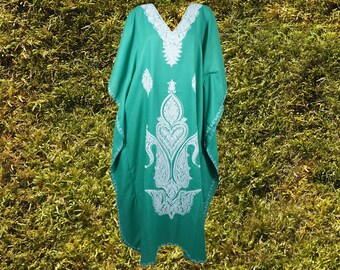 Women's Kaftan Maxi Dress, Sea Blue Beach holidays, Lounger, Cotton Embroidered Summer Caftans, Oversize L-3XL One Size