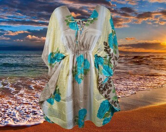 Womens Short Beach Caftan Dress, Holiday Boho Blue Floral Kaftan M-XL One Size
