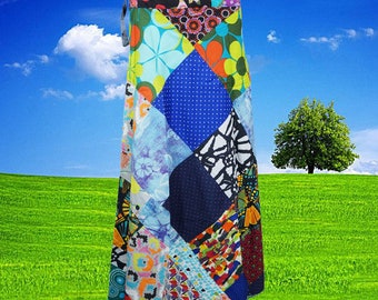 Womens Wrap Skirt, Bohemian Wrap Skirt, Blue Patchwork Printed Cotton Cover Up Summer Skirts One size