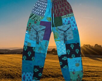 Unisex Patchwork Pants with Blue Patches, Hippie Cotton Trousers, Hippie Renaissance Faire Stonewashed Cotton Travel Pant S/M/L