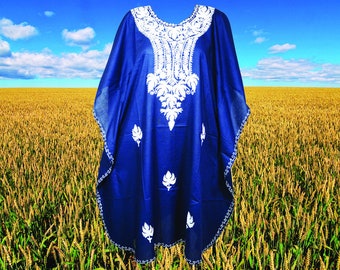 Womens Kaftan Dress, Royal Blue Embroidered Floral Mid Calf, Loose Cotton Caftan Dress, Resort Wear One SizeL-4XL