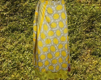 Women Long Wrap Skirt, Beach Skirts, Silk Sari Wrap Skirts, Yellow Beige Floral Print 2 Layer Reversible Skirts Gift One Size