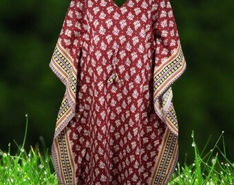 Womens Kaftan Midi Dress, Boho Kimono Dress, Apple Red, Printed Summer Dress, Beach Caftan Dress, Cotton Coverup, SML