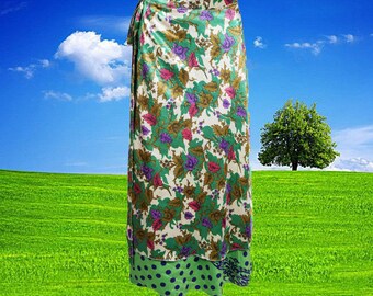 Women's Pink Purple Reversible Long Wrap Skirt, Boho Silk Sari Wrap Around Skirts, Printed Summer Beach Cover Up Magic Wrap Skirts One size